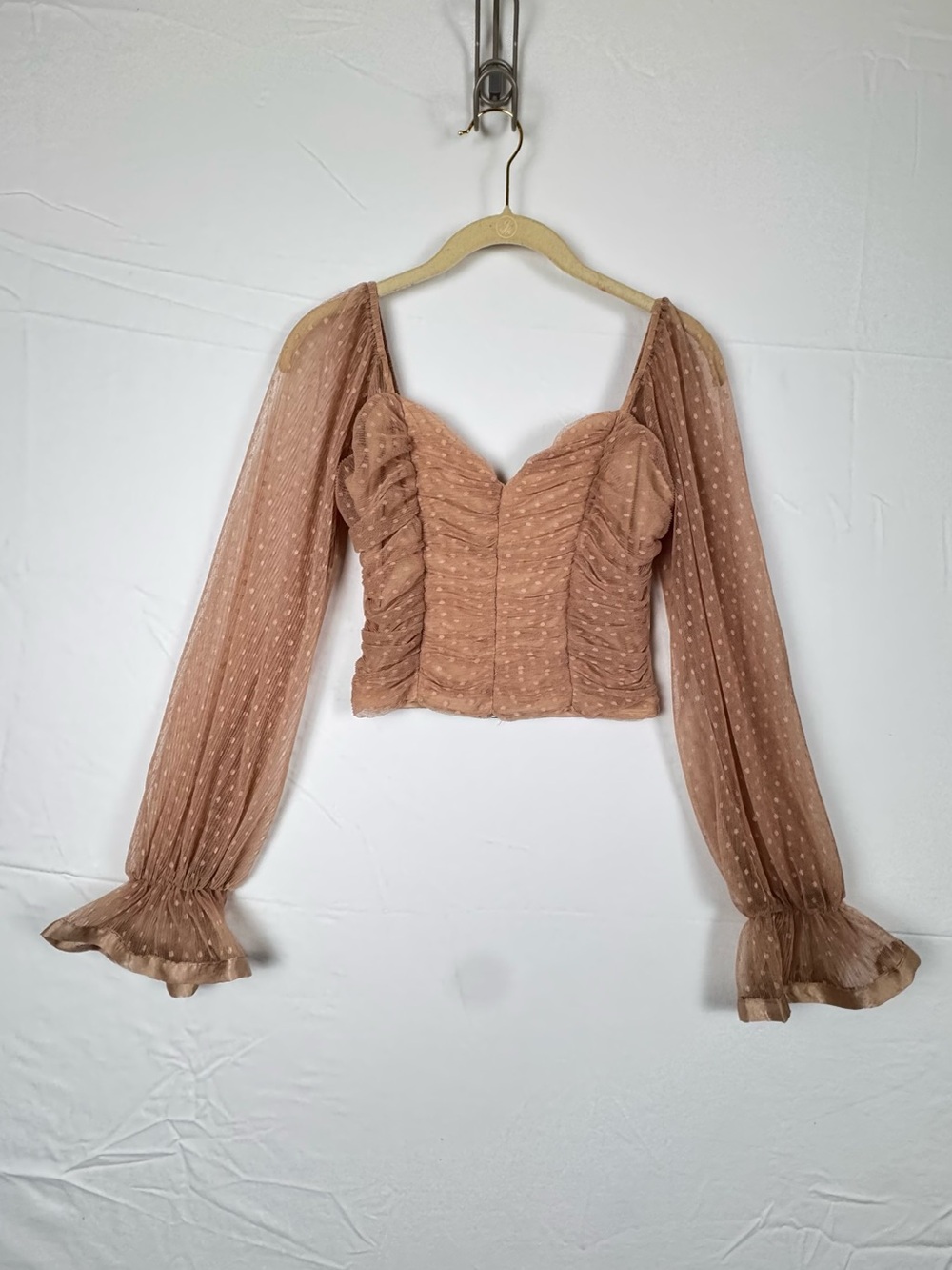 Ruched Sheer Dot Balloon Sleeve Cropped Fairy Romantic Festival Blouse Small